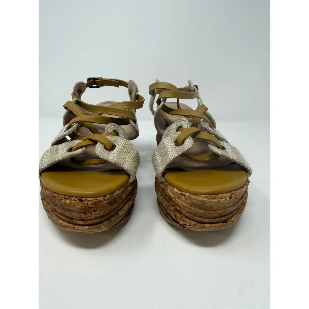 Free People Mustard Yellow Leather Cork Platform Wedge Sandals Made in Spain 6.5